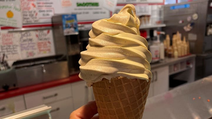 A swirl of cinnamon and pumpkin soft-serve ice creams at Seneca Farms in Penn Yan. A swirl of cinnamon and pumpkin soft-serve ice creams at Seneca Farms in Penn Yan.