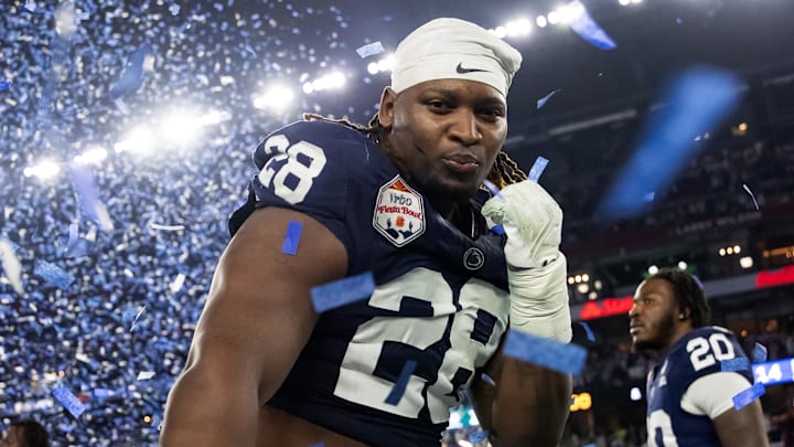 Dec 31, 2024; Glendale, AZ, USA; Penn State Nittany Lions defensive tackle Zane Durant (28) celebrates with the Heisman pose after defeating the Boise State Broncos during the Fiesta Bowl at State Farm Stadium. Mandatory Credit: Mark J. Rebilas-Imagn Images