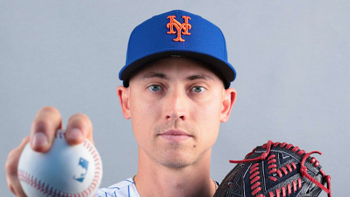 Feb 19, 2026; Port St. Lucie, FL, USA; New York Mets pitcher Luke Weaver (30) poses for a photo during media day at Clover Park. Mandatory Credit: Sam Navarro-Imagn Images