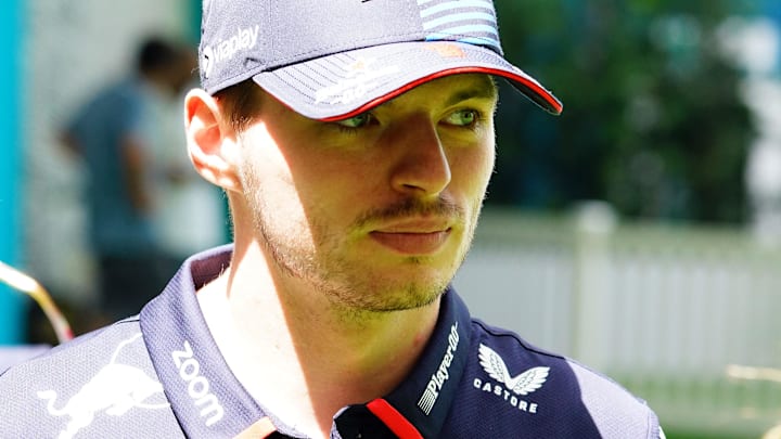 May 5, 2024; Miami Gardens, Florida, USA; Red Bull Racing driver Max Verstappen (1) arrives in the paddock before the Miami Grand Prix at Miami International Autodrome. Mandatory Credit: John David Mercer-USA TODAY Sports