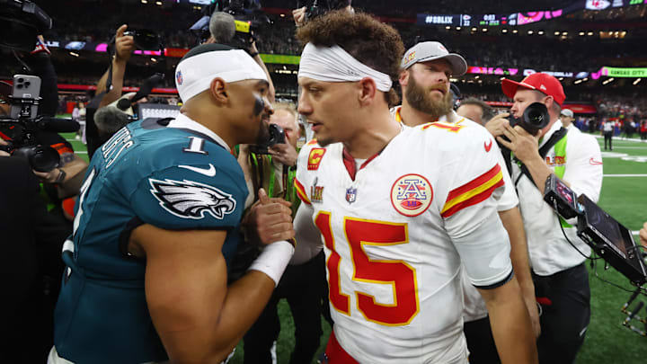 Philadelphia Eagles QB Jalen Hurts shakes hands with Kansas City Chiefs QB Patrick Mahomes after Super Bowl LIX. Philadelphia Eagles QB Jalen Hurts shakes hands with Kansas City Chiefs QB Patrick Mahomes after Super Bowl LIX.