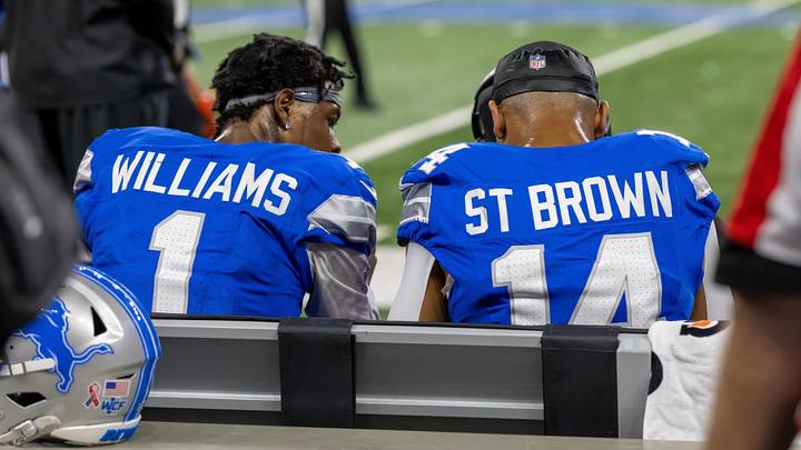Sep 13, 2026; Detroit, Michigan, USA; Detroit Lions wide receiver Jameson Williams (1) and wide receiver Amon-Ra St. Brown (14) talk on he bench during overtime against the New Orleans Saints at Ford Field. Mandatory Credit: David Reginek-Imagn Images Sep 13, 2026; Detroit, Michigan, USA; Detroit Lions wide receiver Jameson Williams (1) and wide receiver Amon-Ra St. Brown (14) talk on he bench during overtime against the New Orleans Saints at Ford Field. Mandatory Credit: David Reginek-Imagn Images