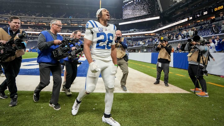 Indianapolis Colts running back Jonathan Taylor (28) celebrates as he leaves the field Sunday, Dec. 22, 2024, after winning a game against the Tennessee Titans at Lucas Oil Stadium in Indianapolis.