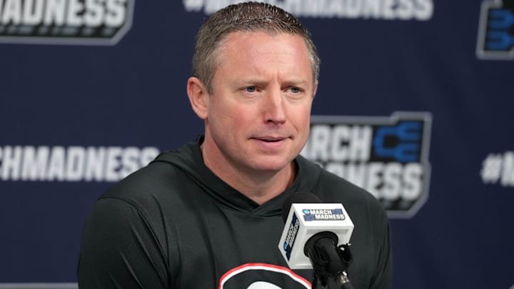 Mar 19, 2025; Wichita, KS, USA; Georgia Bulldogs coach Mike White at press conference at Intrust Bank Arena. Mandatory Credit: Kirby Lee-Imagn Images
