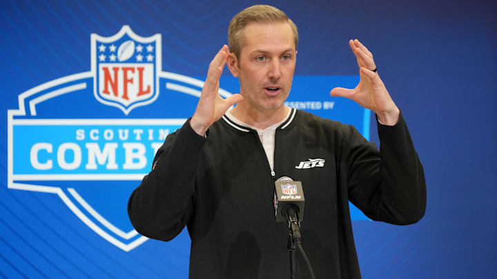 Feb 25, 2025; Indianapolis, IN, USA; New York Jets general manager Darren Mougey speaks during the NFL Scouting Combine at the Indiana Convention Center. Mandatory Credit: Kirby Lee-Imagn Images Feb 25, 2025; Indianapolis, IN, USA; New York Jets general manager Darren Mougey speaks during the NFL Scouting Combine at the Indiana Convention Center. Mandatory Credit: Kirby Lee-Imagn Images