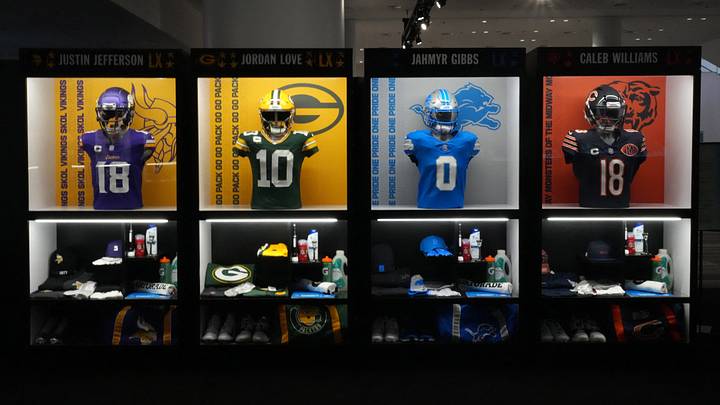 A locker room exhibit with the helmets and jerseys from all four NFC North teams. Mandatory Credit: Kirby Lee-Imagn Images A locker room exhibit with the helmets and jerseys from all four NFC North teams. Mandatory Credit: Kirby Lee-Imagn Images