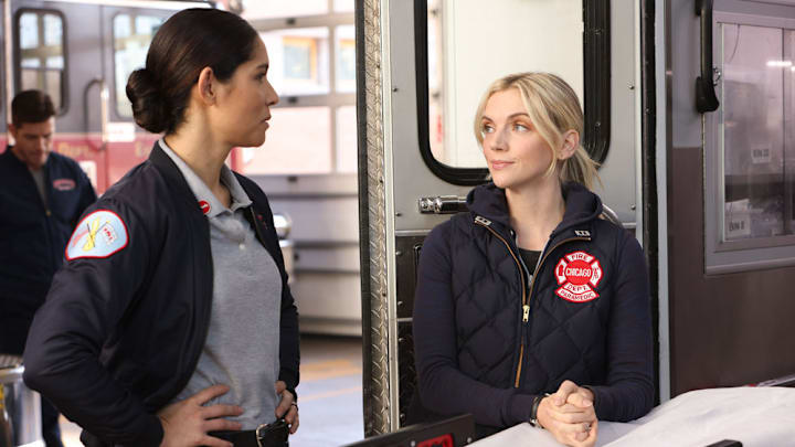 CHICAGO FIRE -- "Barely Gone" Episode 12001 -- Pictured: (l-r) Miranda Rae Mayo as Stella Kidd, Kara Killmer as Sylvie Brett -- (Photo by: Adrian S Burrows Sr/NBC)
