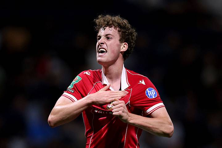 Harry Ashfield celebrates scoring his team's second goal during the Carabao Cup Second Round match vs. Preston.