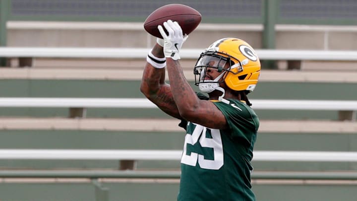 Green Bay Packers safety Xavier McKinney (29) during the team's first day of minicamp on June 10, 2025, at Ray Nitschke Field in Ashwaubenon, Wis.