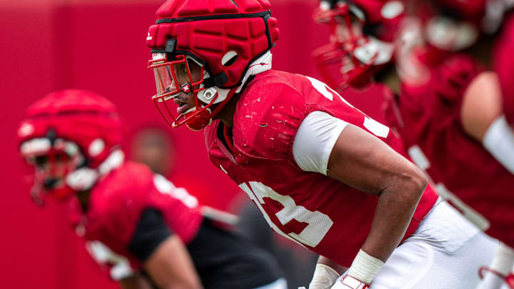 Inside linebacker Javin Wright takes part in a Nebraska football practice on Aug. 6, 2024.
