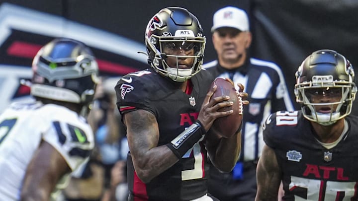 Oct 20, 2024; Atlanta, Georgia, USA; Atlanta Falcons quarterback Michael Penix Jr. (9) looks to pass against the Seattle Seahawks during the second half at Mercedes-Benz Stadium. Mandatory Credit: Dale Zanine-Imagn Images