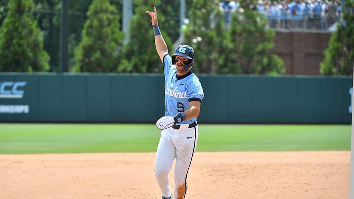 North Carolina's Gavin Gallaher (5) reacts to the home run against Arizona hit by Tyson Bass (11) in the seventh inning. The North Carolina Tarheels and the Arizona Wildcats met in game two of the NCAA Division 1 Super Regionals in Chapel Hill, N.C. on June 7, 2025. North Carolina's Gavin Gallaher (5) reacts to the home run against Arizona hit by Tyson Bass (11) in the seventh inning. The North Carolina Tarheels and the Arizona Wildcats met in game two of the NCAA Division 1 Super Regionals in Chapel Hill, N.C. on June 7, 2025.