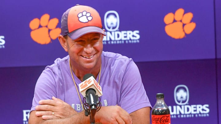 Clemson head coach Dabo Swinney talks with media in the Smart Family Media Center in Clemson, Tuesday, August 6, 2024. Clemson head coach Dabo Swinney talks with media in the Smart Family Media Center in Clemson, Tuesday, August 6, 2024.