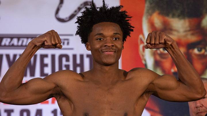 Abdullah Mason stands on a scale during Top Rank weigh-ins at the American Bank Center on April 12, 2024, in Corpus Christi, Texas.