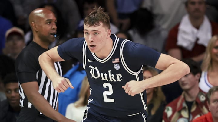 Jan 4, 2025; Dallas, Texas, USA;  Duke basketball guard Cooper Flagg (2) reacts after scoring during the second half against the Southern Methodist Mustangs at Moody Coliseum. 