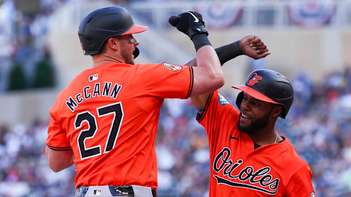 Sep 29, 2024; Minneapolis, Minnesota, USA; Baltimore Orioles catcher James McCann (27) celebrates his three-run home run with center fielder Cedric Mullins (31) during the fifth inning against the Minnesota Twins at Target Field. Mandatory Credit: Matt Krohn-Imagn Images