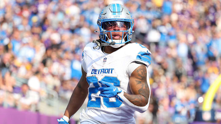 Detroit Lions running back Jahmyr Gibbs celebrates his touchdown against the Minnesota Vikings during the second quarter at U.S. Bank Stadium.