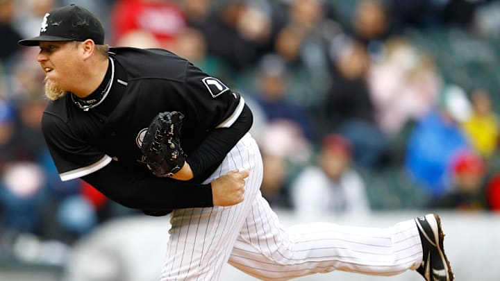 Apr 25, 2010; Chicago, IL, USA; Chicago White Sox relief pitcher Bobby Jenks (45) delivers a pitch in the ninth inning against the Seattle Mariners at US Cellular Field. The Chicago White Sox defeat the Seattle Mariners 3-2. Mandatory Credit: Mike DiNovo-Imagn Images Apr 25, 2010; Chicago, IL, USA; Chicago White Sox relief pitcher Bobby Jenks (45) delivers a pitch in the ninth inning against the Seattle Mariners at US Cellular Field. The Chicago White Sox defeat the Seattle Mariners 3-2. Mandatory Credit: Mike DiNovo-Imagn Images