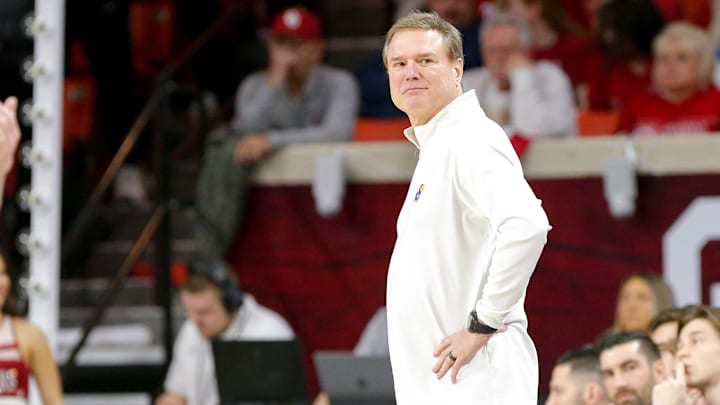 Kansas head coach Bill Self stands on the sidelines in the second half during an NCAA basketball game between The University of Oklahoma (OU) and The University of Kansas (KU), at the Lloyd Noble Center in Norman Okla., on Saturday, Feb. 17, 2024.