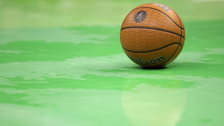 Nov 29, 2024; Minneapolis, Minnesota, USA; A detailed view of the NBA Cup basketball during the first quarter of the game between the Minnesota Timberwolves and the LA Clippers at Target Center.