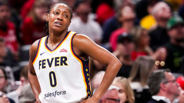 Indiana Fever guard Kelsey Mitchell (0) reacts to a call Saturday, May 24, 2025, during a game between the Indiana Fever and the New York Liberty at Gainbridge Fieldhouse in Indianapolis.