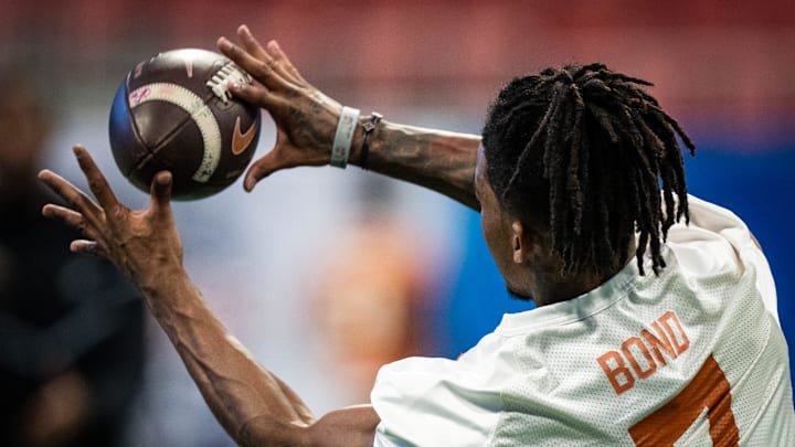 Texas Longhorns wide receiver Isaiah Bond (7) runs drills at practice at Mercedes-Benz Stadium in Atlanta, Georgia on Dec. 30, 2024 ahead of the College Football Playoff Quarterfinals. The Longhorns will play the Arizona State Sun Devils in the Peach Bowl on New Years Day.
