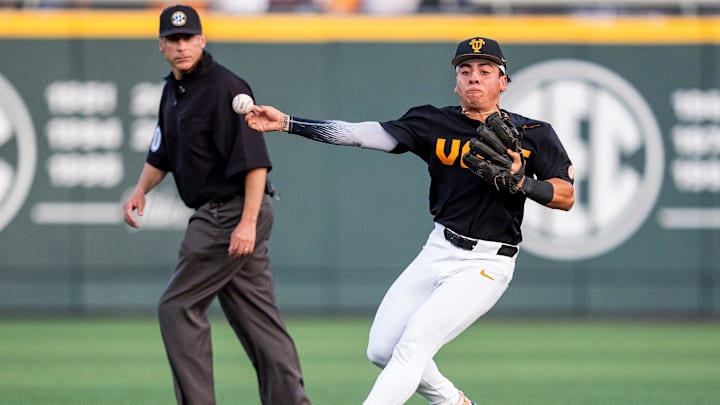 Tennessee's Ariel Antigua (2) throws to first base during a college baseball game between Tennessee and Vanderbilt at Lindsey Nelson Stadium in Knoxville, Tenn., on May 9, 2025.