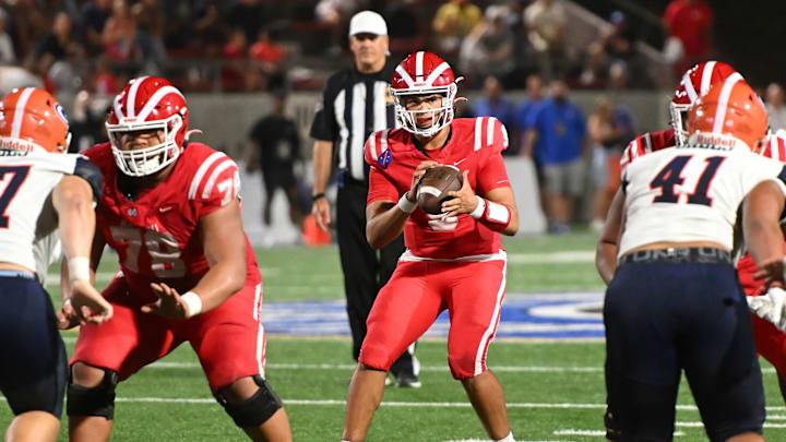 Mater Dei quarterback Ashton Beierly drops back to pass against Bishop Gorman.