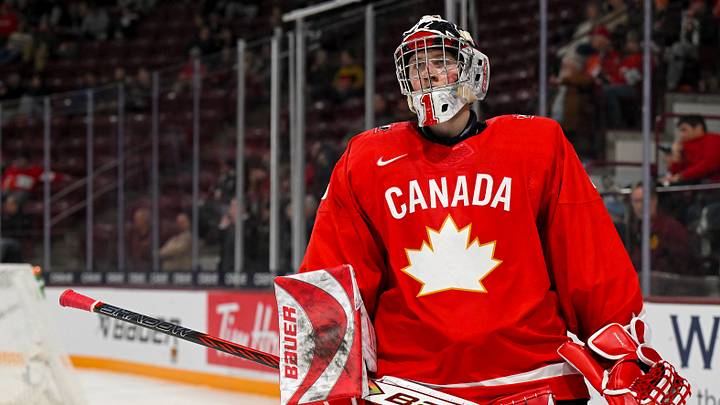 Jan 2, 2026; Minneapolis, Minnesota, USA; Canada goalie Jack Ivankovic (1) looks on against Slovakia during the third period in the quarterfinals of the 2026 IIHF World Junior Championship at 3M Arena. Mandatory Credit: Nick Wosika-Imagn Images Jan 2, 2026; Minneapolis, Minnesota, USA; Canada goalie Jack Ivankovic (1) looks on against Slovakia during the third period in the quarterfinals of the 2026 IIHF World Junior Championship at 3M Arena. Mandatory Credit: Nick Wosika-Imagn Images
