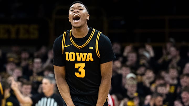 Iowa forward Cam Manyawu (3) reacts during a basketball game against the Nebraska Cornhuskers Feb. 17, 2026 at Carver-Hawkeye Arena in Iowa City, Iowa. Iowa forward Cam Manyawu (3) reacts during a basketball game against the Nebraska Cornhuskers Feb. 17, 2026 at Carver-Hawkeye Arena in Iowa City, Iowa.