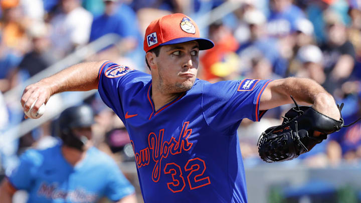 Feb 23, 2025; Port St. Lucie, Florida, USA;  New York Mets pitcher Max Kranick (32) throws a pitch during the second inning against the Miami Marlins at Clover Park. Mandatory Credit: Reinhold Matay-Imagn Images