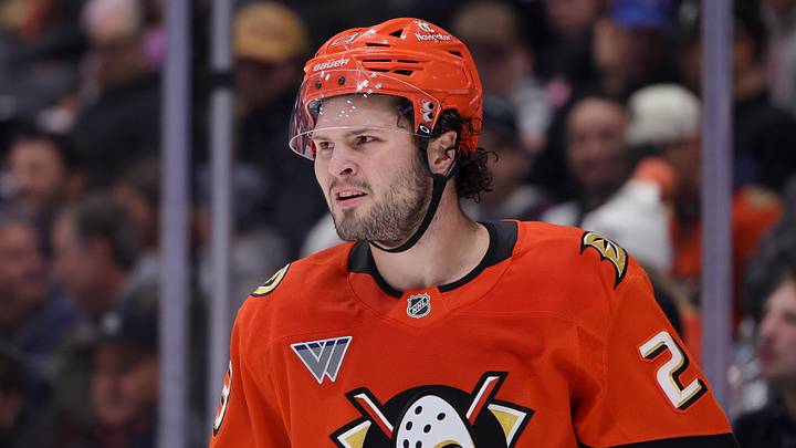 Mar 14, 2025; Anaheim, California, USA; Anaheim Ducks center Mason McTavish (23) skates against the Nashville Predators during the first period at Honda Center. Mandatory Credit: Ryan Sun-Imagn Images