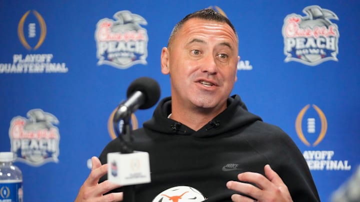 Texas head coach Steve Sarkisian answers questions during media day for the Chick-fil-A Peach Bowl in Atlanta on Monday, Dec. 30, 2024. Texas head coach Steve Sarkisian answers questions during media day for the Chick-fil-A Peach Bowl in Atlanta on Monday, Dec. 30, 2024.