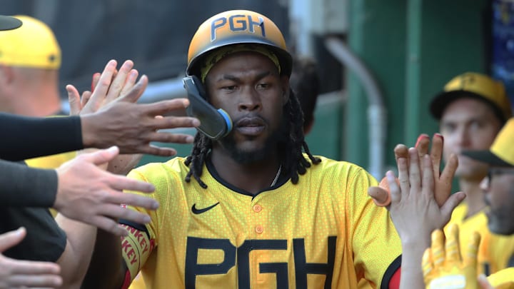 Apr 18, 2025; Pittsburgh, Pennsylvania, USA; Pittsburgh Pirates center fielder Oneil Cruz (15) celebrates his solo home run in the dugout against the Cleveland Guardians during the first inning at PNC Park. Mandatory Credit: Charles LeClaire-Imagn Images Apr 18, 2025; Pittsburgh, Pennsylvania, USA; Pittsburgh Pirates center fielder Oneil Cruz (15) celebrates his solo home run in the dugout against the Cleveland Guardians during the first inning at PNC Park. Mandatory Credit: Charles LeClaire-Imagn Images