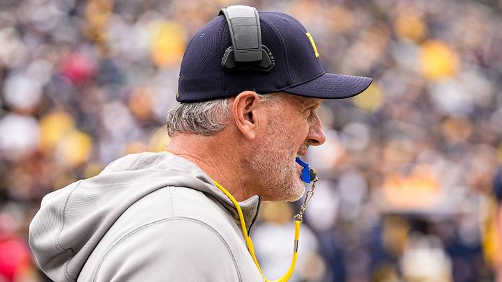 Michigan head coach Kyle Whittingham watches a play during the spring game