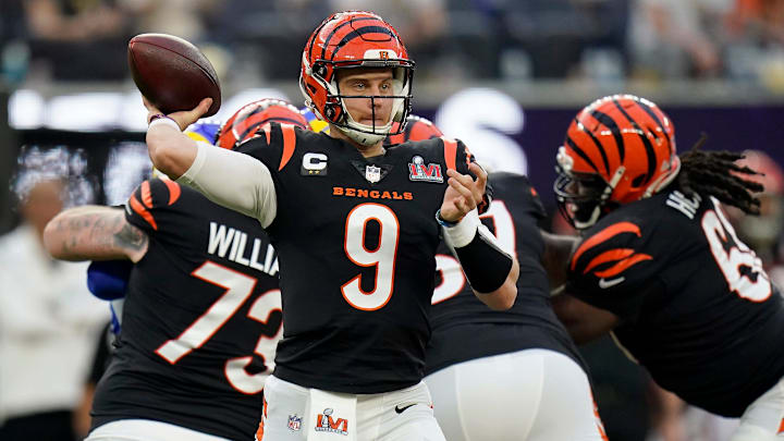 Cincinnati Bengals quarterback Joe Burrow (9) throws a pass in the first quarter of Super Bowl 56