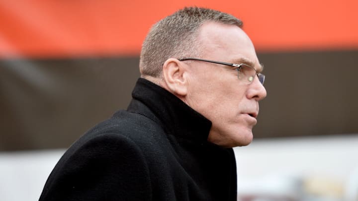 Dec 17, 2017; Cleveland, OH, USA; Cleveland Browns general manager John Dorsey walks onto the field before the game between the Cleveland Browns and the Baltimore Ravens at FirstEnergy Stadium. 