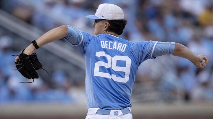 Jun 8, 2024; Chapel Hill, NC, USA; North Carolina Tar Heels Jason DeCaro (29) pitches against the West Virginia Mountaineers in the first inning of the DI Baseball Super Regional at Boshamer Stadium. Mandatory Credit: Jeffrey Camarati-Imagn Images
