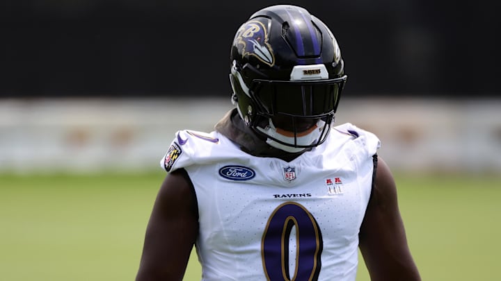Jun 10, 2025; Baltimore, MD, USA; Baltimore Ravens linebacker Roquan Smith (0) looks on during an NFL OTA at Under Armour Performance Center. Mandatory Credit: Daniel Kucin Jr.-Imagn Images