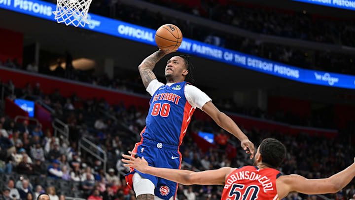 Mar 23, 2025; Detroit, Michigan, USA;  Detroit Pistons forward Ronald Holland II (00): Lon Horwedel-Imagn Images
