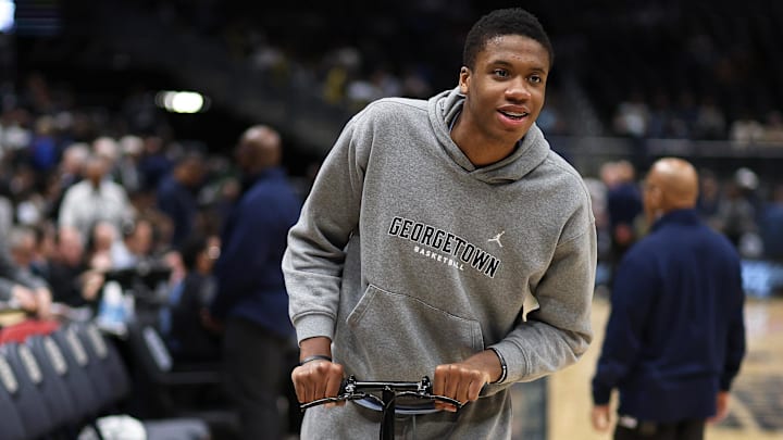 Mar 4, 2025; Washington, District of Columbia, USA; Georgetown Hoyas forward Thomas Sorber (35) looks on after a game against the Villanova Wildcats at Capital One Arena.