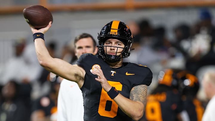Nov 1, 2025; Knoxville, Tennessee, USA; Tennessee Volunteers quarterback Joey Aguilar (6) warms up before the game against the Oklahoma Sooners at Neyland Stadium. Mandatory Credit: Randy Sartin-Imagn Images
