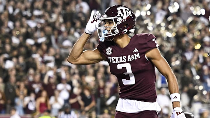 Nov 16, 2024; College Station, Texas, USA; Texas A&M Aggies wide receiver Noah Thomas (3) reacts after scoring a touchdown during the first quarter against the New Mexico State Aggies at Kyle Field. Mandatory Credit: Maria Lysaker-Imagn Images Nov 16, 2024; College Station, Texas, USA; Texas A&M Aggies wide receiver Noah Thomas (3) reacts after scoring a touchdown during the first quarter against the New Mexico State Aggies at Kyle Field. Mandatory Credit: Maria Lysaker-Imagn Images