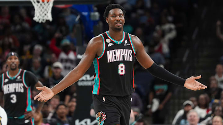 Grizzlies' Jaren Jackson Jr. (8) reacts after fouling out during the home opener against the New Orleans Pelicans at FedExForum on October 22, 2025. Grizzlies' Jaren Jackson Jr. (8) reacts after fouling out during the home opener against the New Orleans Pelicans at FedExForum on October 22, 2025.