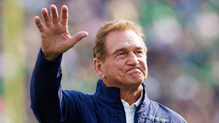 Former Notre Dame quarterback Joe Theismann waves to the crowd during a NCAA college football game between Notre Dame and Stanford at Notre Dame Stadium on Saturday, Oct. 12, 2024, in South Bend. Former Notre Dame quarterback Joe Theismann waves to the crowd during a NCAA college football game between Notre Dame and Stanford at Notre Dame Stadium on Saturday, Oct. 12, 2024, in South Bend.