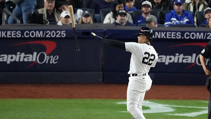 Oct 29, 2024; Bronx, New York, USA; New York Yankees outfielder Juan Soto (22) reacts after a strike out against the Los Angeles Dodgers in the sixth inning during game four of the 2024 MLB World Series at Yankee Stadium. Mandatory Credit: Robert Deutsch-Imagn Images