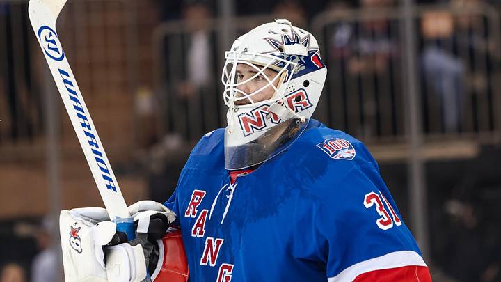 Apr 5, 2026; New York, New York, USA; New York Rangers goalie Igor Shesterkin (31) skates against the Washington Capitals during the second period at Madison Square Garden. Mandatory Credit: Danny Wild-Imagn Images