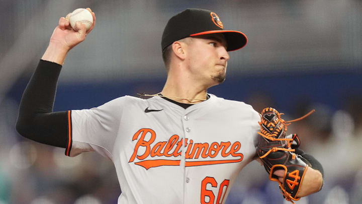 Jul 24, 2024; Miami, Florida, USA; Baltimore Orioles starting pitcher Chayce McDermott (60) pitches against the Miami Marlins in the first inning at loanDepot Park. Jul 24, 2024; Miami, Florida, USA; Baltimore Orioles starting pitcher Chayce McDermott (60) pitches against the Miami Marlins in the first inning at loanDepot Park.