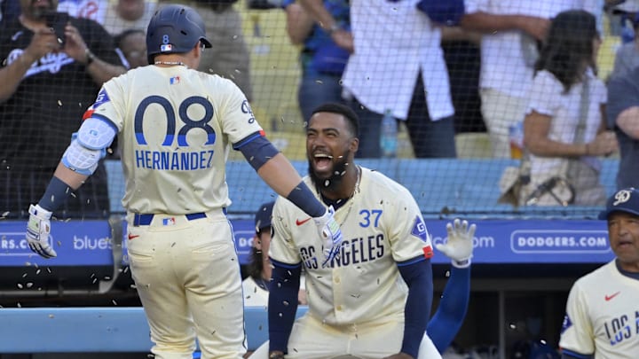 Jul 20, 2024; Los Angeles, California, USA;  Los Angeles Dodgers third baseman Enrique Hernandez (8) celebrates with right fielder Teoscar Hernandez (37) after hitting a two-run home run in the seventh inning against the Boston Red Sox at Dodger Stadium. Mandatory Credit: Jayne Kamin-Oncea-Imagn Images