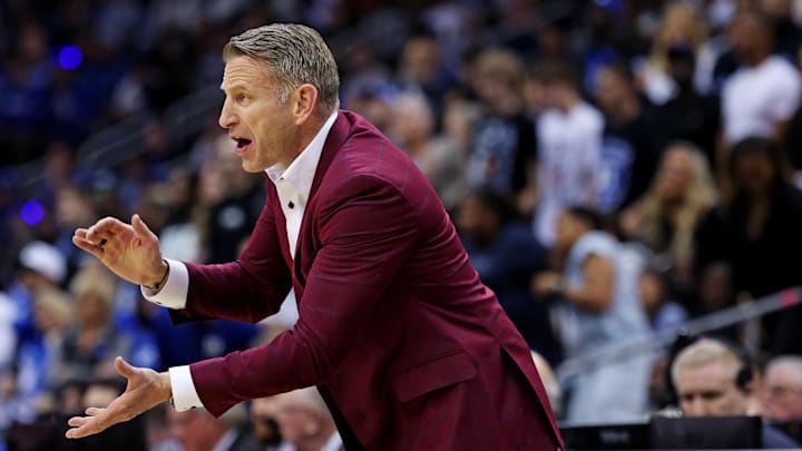 Mar 29, 2025; Newark, NJ, USA; Alabama Crimson Tide head coach Nate Oats calls to his team during the first half against the Duke Blue Devils in the East Regional final of the 2025 NCAA tournament at Prudential Center. Mandatory Credit: Vincent Carchietta-Imagn Images
